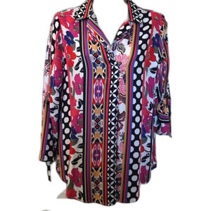 Ruby Rd. Womens Colorful Bold Tunic Shirt Adjustable Sleeves Petite Small V-Neck